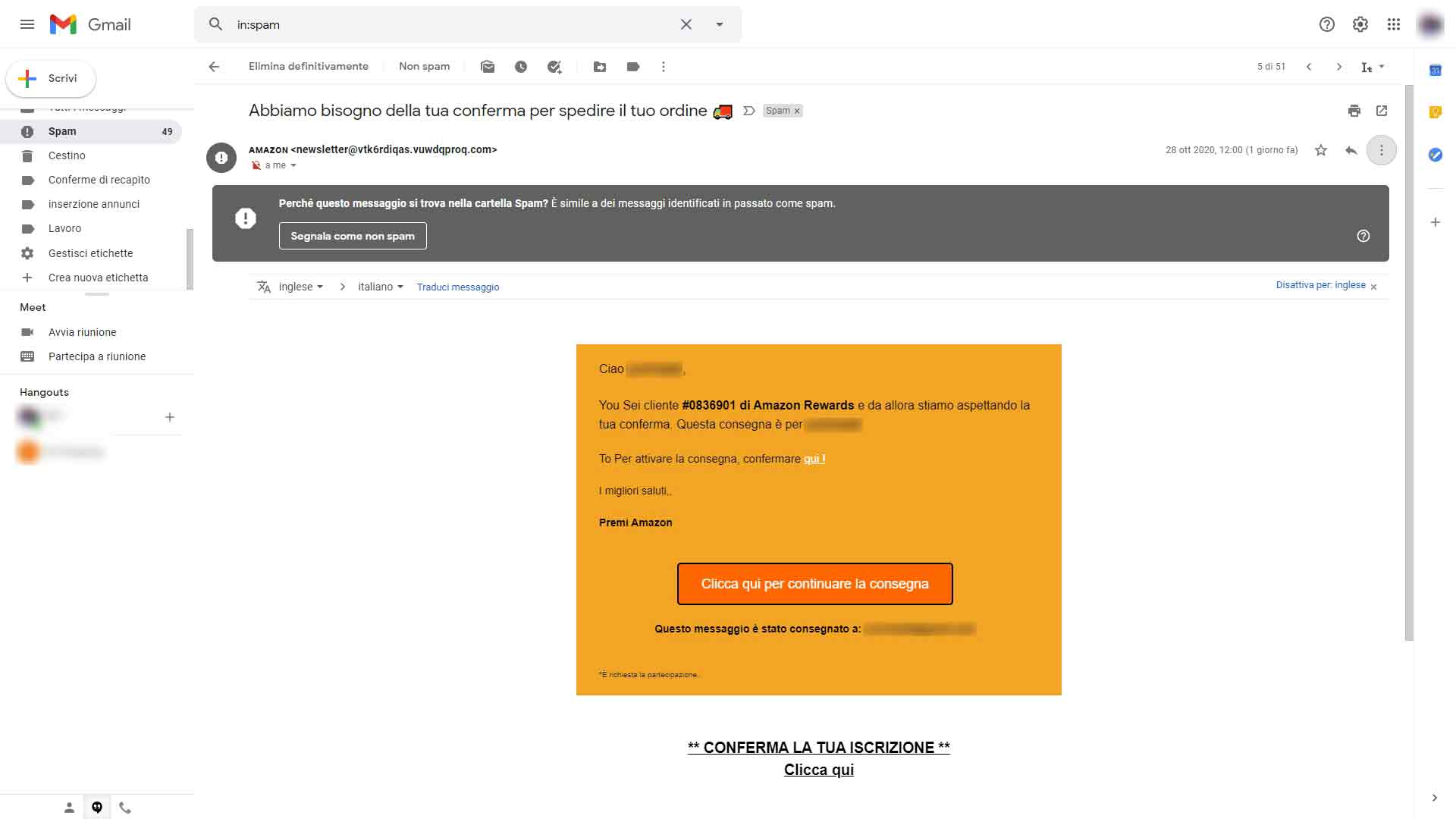 esempio del significato di spam coome phishing